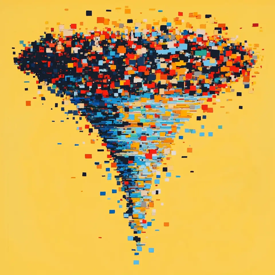 AI illustration featuring a digital tornado shape made of multicolored squares on a yellow background, symbolizing data flow and transformation.