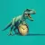 A T-Rex stands behind a large vintage pocket watch against a teal background.