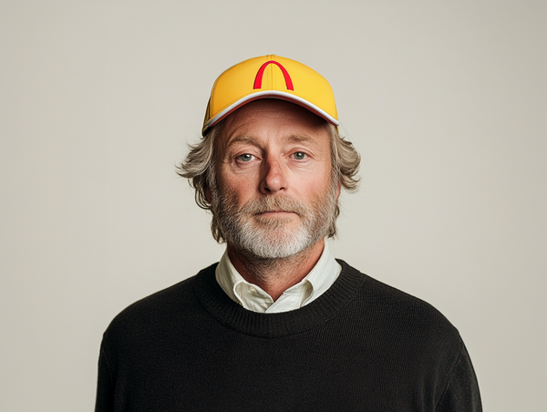 AI image of a corporate executive wearing a branded cap