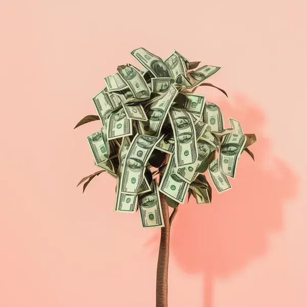 A stylized tree with U.S. hundred-dollar bills in place of leaves, set against a soft pink background