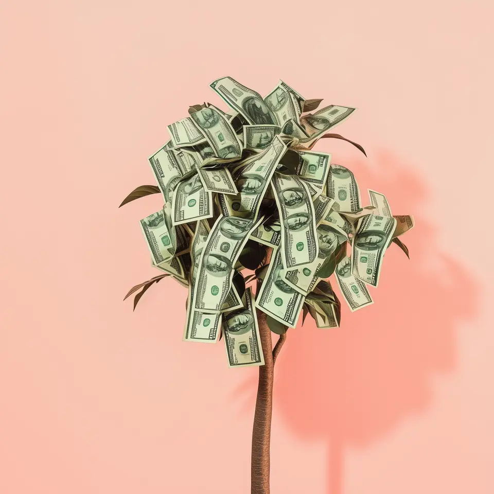 A stylized tree with U.S. hundred-dollar bills in place of leaves, set against a soft pink background