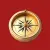 Gold antique-style compass with an open lid, resting on a solid red background. The compass needle points south-southeast, and the cardinal directions are clearly marked in white on a black dial.