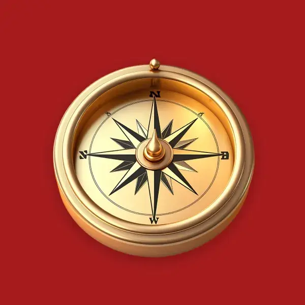 Gold antique-style compass with an open lid, resting on a solid red background. The compass needle points south-southeast, and the cardinal directions are clearly marked in white on a black dial.